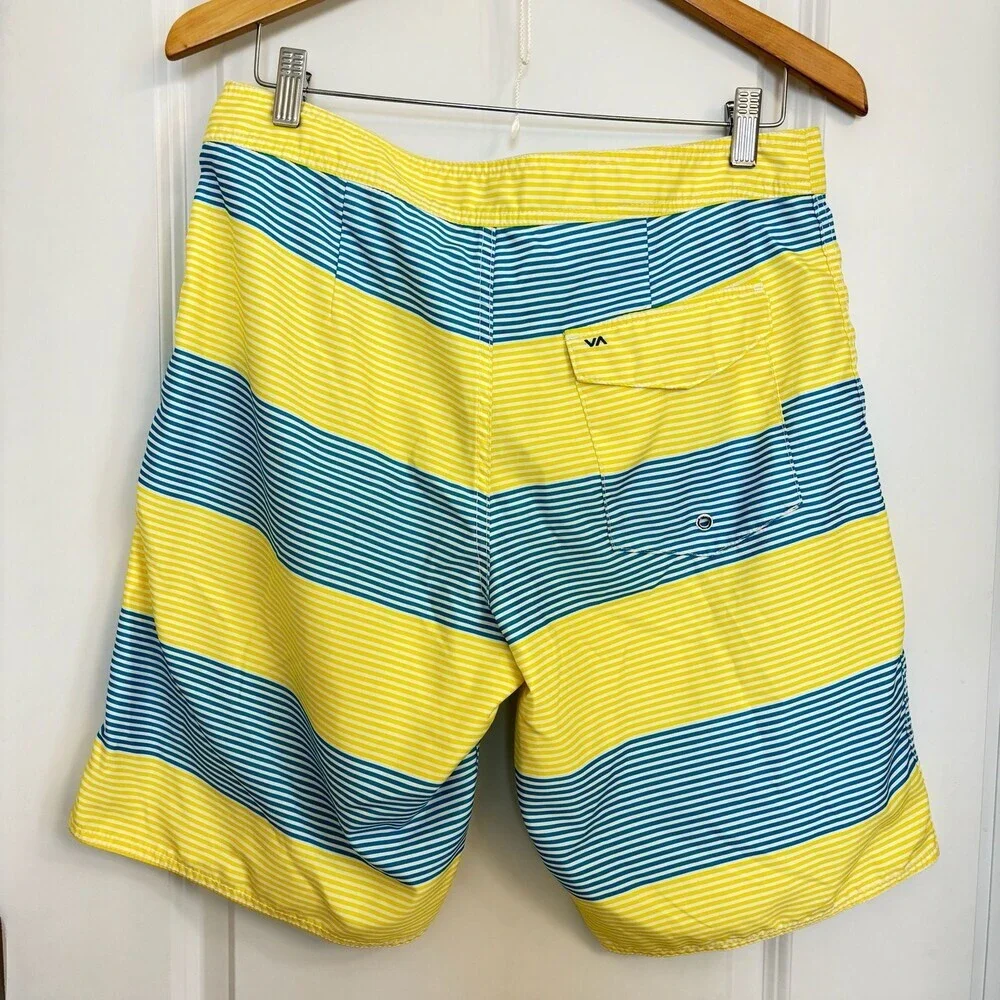 RVCA Performance Stretch Board Shorts Men's Size 32 Yellow Blue Striped Swim Tru